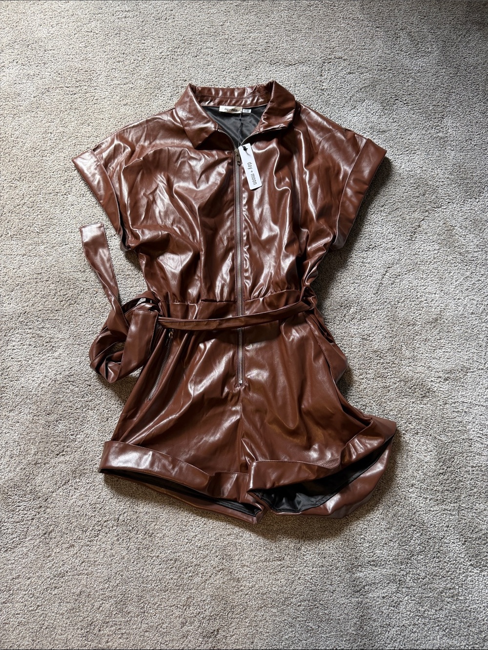 Day + Moon Brown Faux Leather Zip Front Belted Shorts Romper Brand New